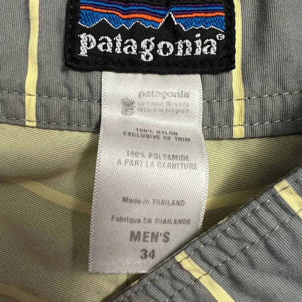 Patagonia Wavefarer Board Shorts Mens 34 Gray Yellow Stripe Swim Unlined 9”‎